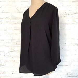 solid black semi-sheer shirt top Small v neck pleated Jon & Anna